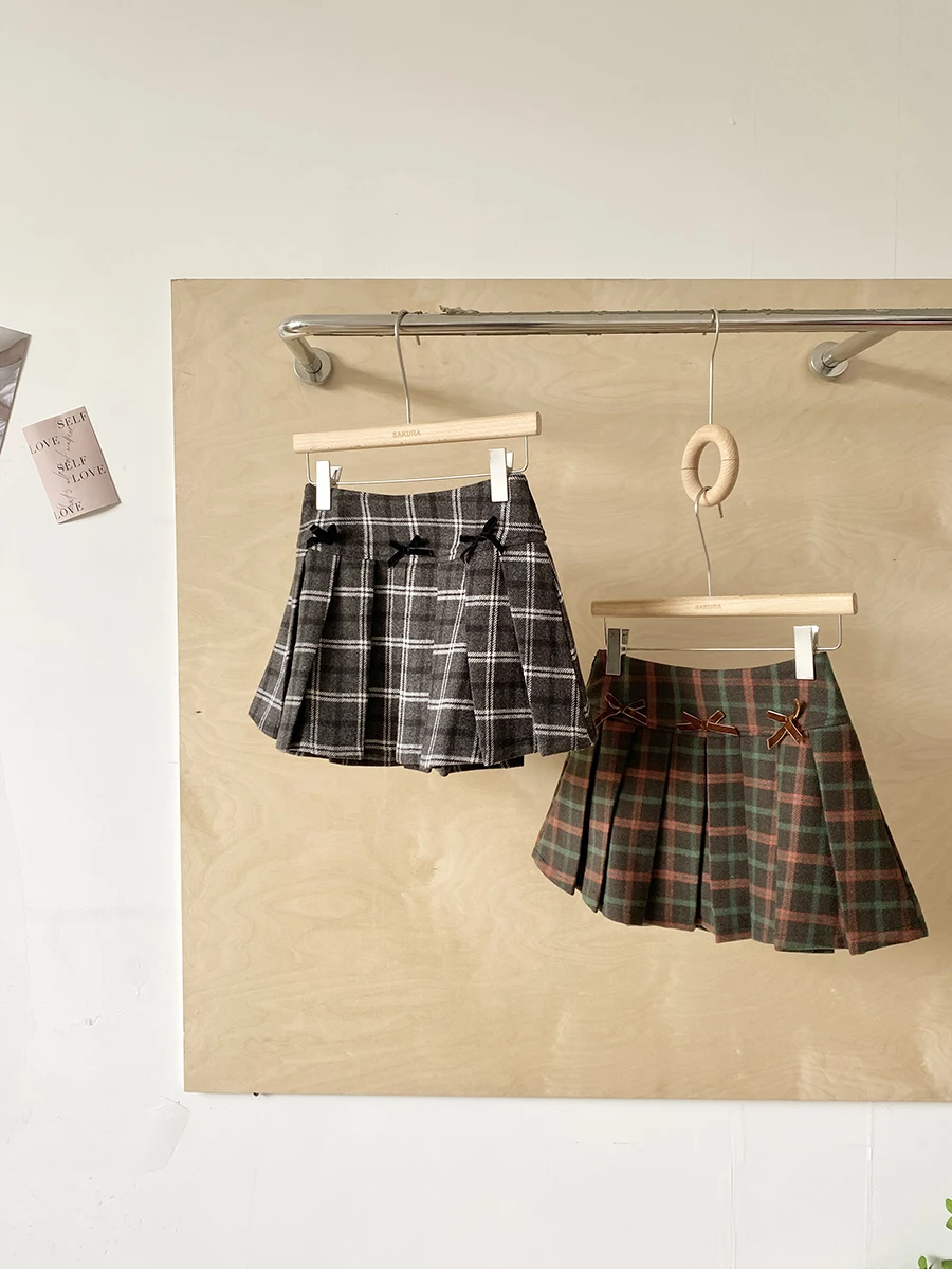 Korean Style High Waist A-Line  Skirt Women's Autumn Winter Woolen Plaid Pleated Skirt Slimming Versatile Anti-Light