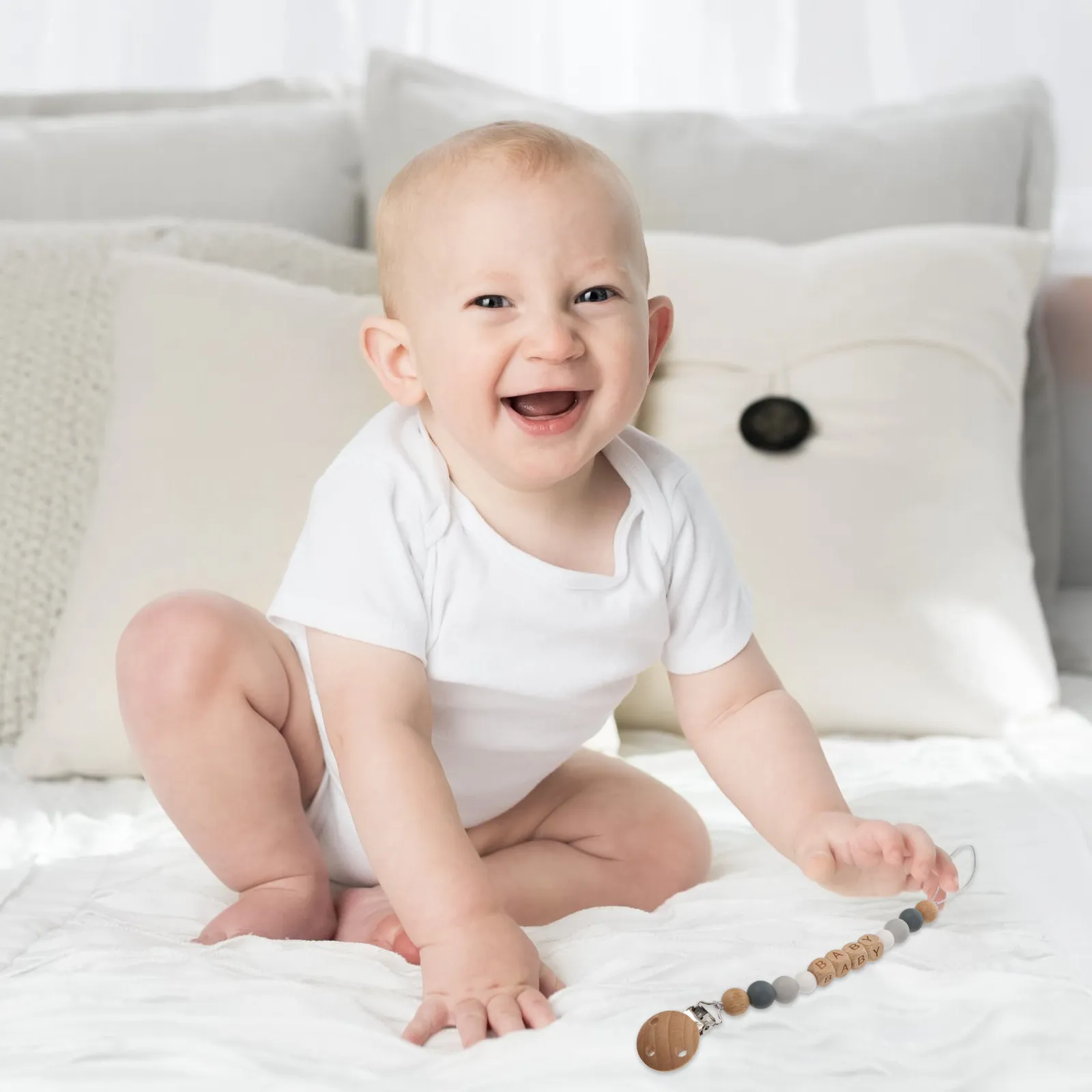 1 Set de Mordedores de Silicona para Bebés, Mordedor de Madera con Diseño de Dibujos Animados para Aliviar el Dolor de Dentición, Cadena para Chupete, Mordedor de Entrenamiento para Bebés