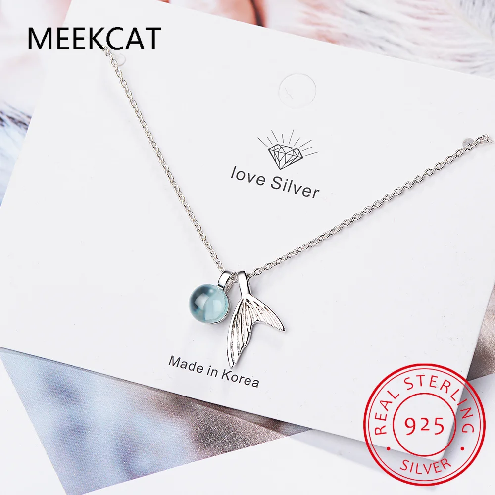 925 Sterling Silver Sky Blue Topaz Whale Tail Pendant Necklace Mermaid Fish Tail Neck Chain for Women Fine Jewelry BSN294