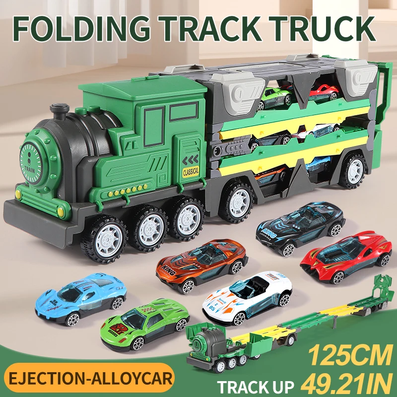 Ejection Rail Car Deformation Folding Storage Container Car Children\'s Pull Back Toy Car Alloy Car Train Toy Christmas Halloween