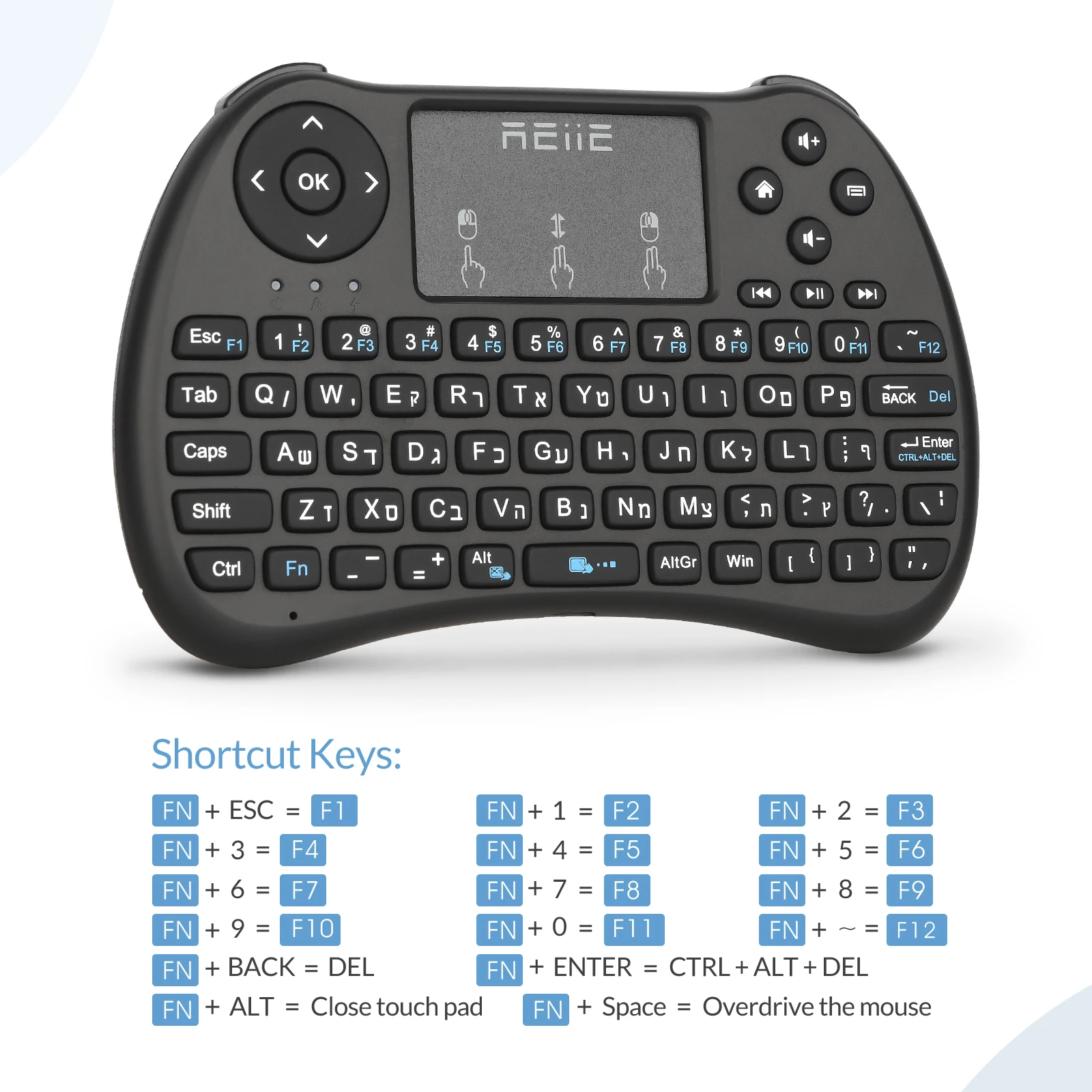 H9S Hebrew Mini Keyboard,2.4GHz Handheld Smart TV Remote Keyboard with Touchpad for PC Smart TV, Android TV Box, Windows 7 8 10