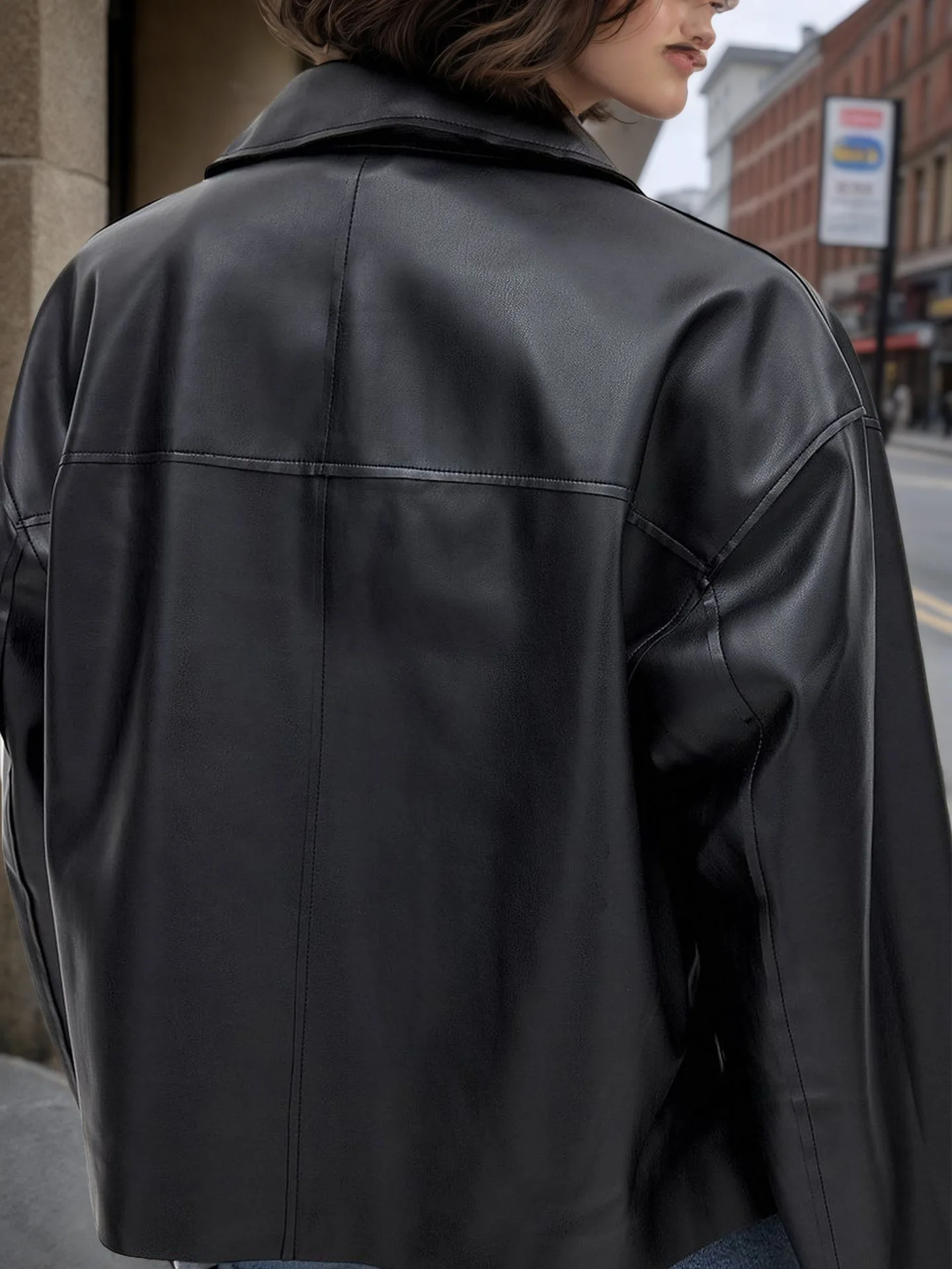 Otoño e Invierno nueva cremallera de solapa de moda con bolsillos dobles Chaqueta corta de cuero negra para mujer, estilo fresco y elegante