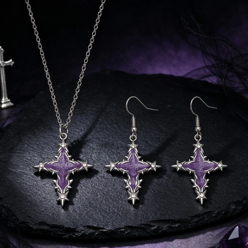 Gothic Style Cross Star Jewelry Two-Piece Set, Enamel Diamond-Encrusted Cross Pendant Necklace and Earrings, Vintage Women's Decorative Accessories