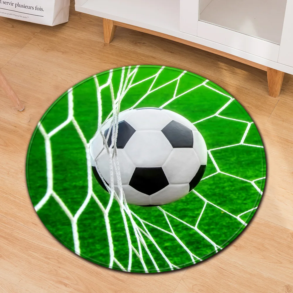 Football Field Soccer Pitch Round Rug soft Non-Slip Floor Mat Green Turf White Line Design for Playroom Boys Bedroom Living Room