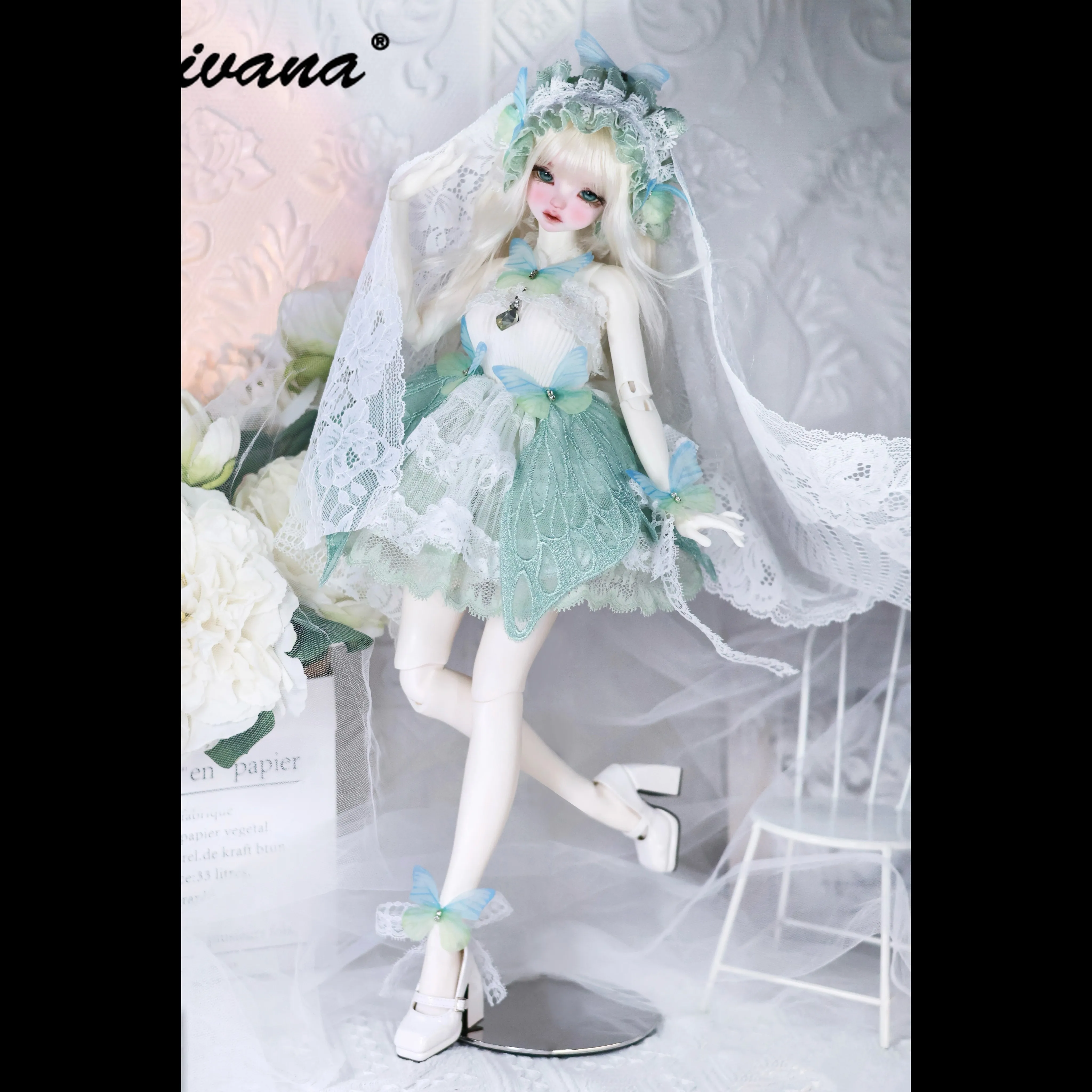 1/4 BJD Doll Outfit Elegant 3D Fairy Butterfly Halter Sleeveless Top Set Lolita Lace Trim Mesh Cake Skirt for 1/5 MSD Girl Doll