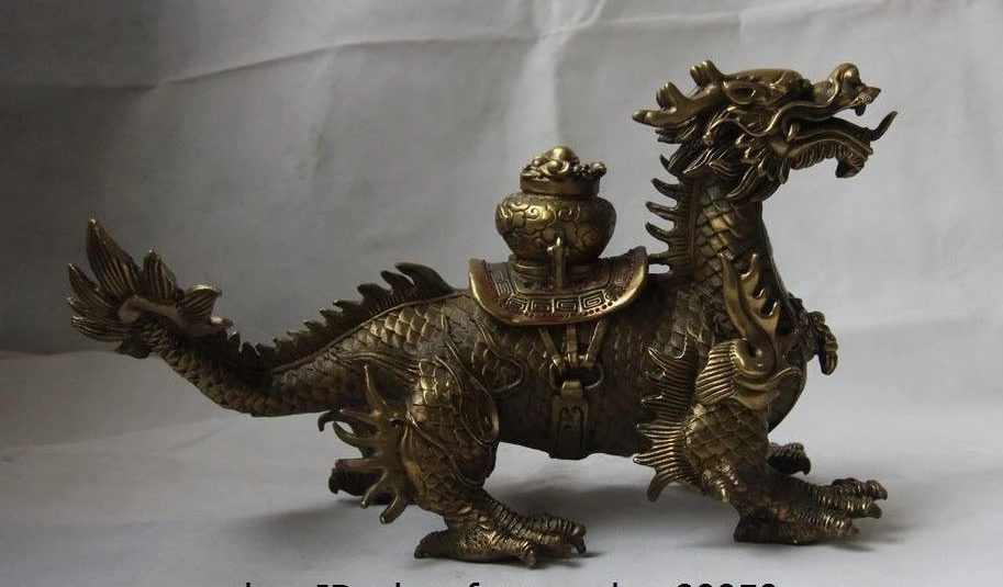 Chinese Brass Copper Feng Shui Yuan Bao Wealth Money Treasure Pot Dragon Statue