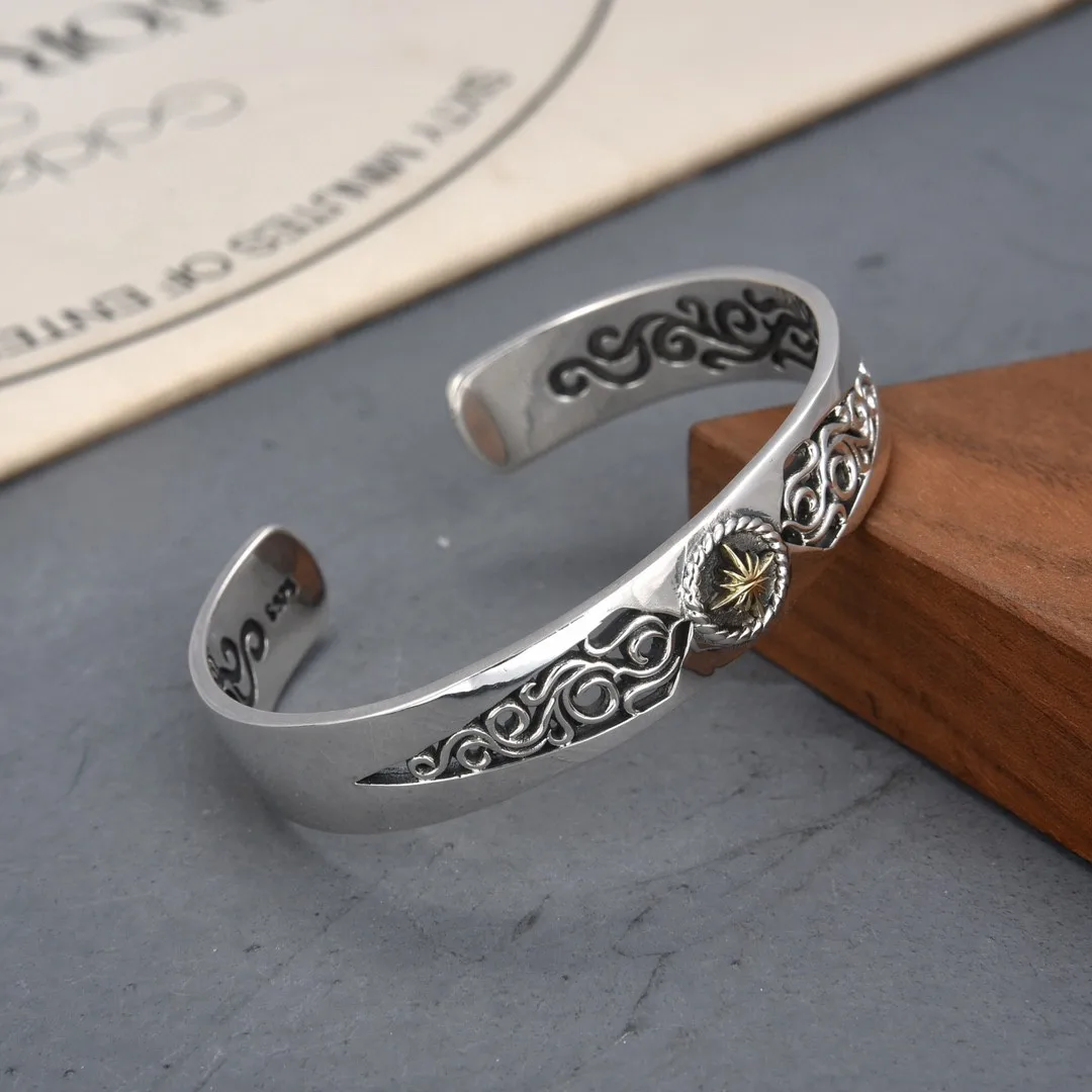 925 sterling silver handmade bracelet ring motorcycle rock punk style grids heavy industry tangcao men's and women's jewelry