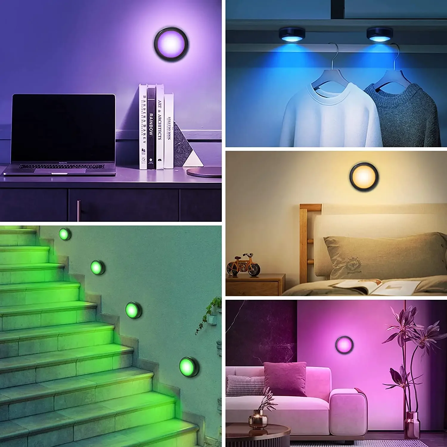 1-6Pcs RGBW LED Puck Night Lights Remote Control Dimmable Under Cabinet Light Battery Operated Wireless Push Lamp Kitchen Closet