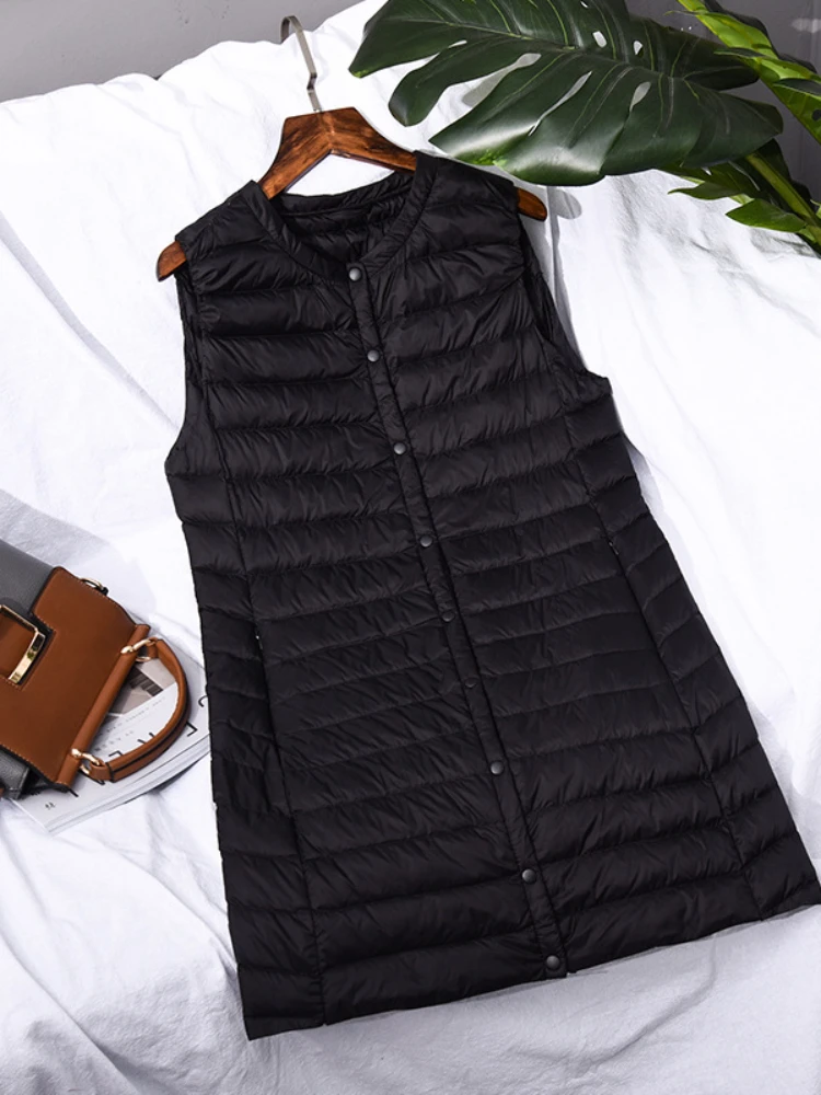 Women's Down Jackets Vest Autumn Winter New Style Korean Mid Length Casual Solid Collarless Button With Slim Fit Down Overcoat