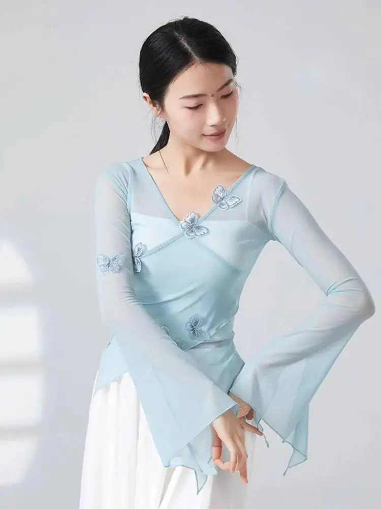 3D-Schmetterlings-Mesh-Tanzoberteil mit Glockenärmeln für Damen, langärmelig, schmale Passform, moderne Bühnenbekleidung, zeitgenössisches Jazz-Performance-Shirt