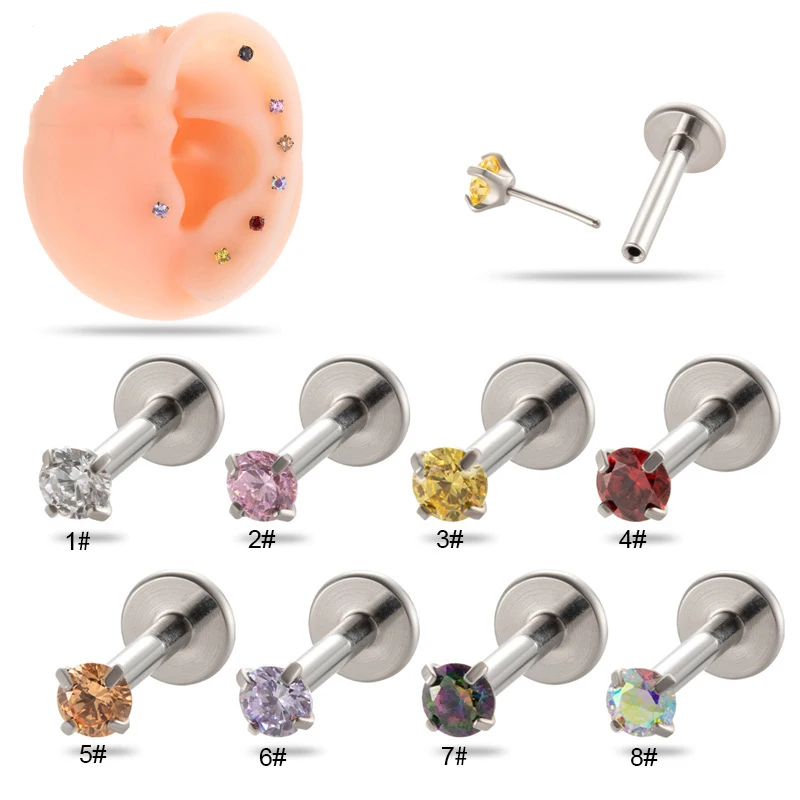 

10Pcs G23 Titanium Piercing Jewelry Wholesale Labret Lip Stud Push In Threadless Stud Earring Colored CZ Helix Cartilage Tragus