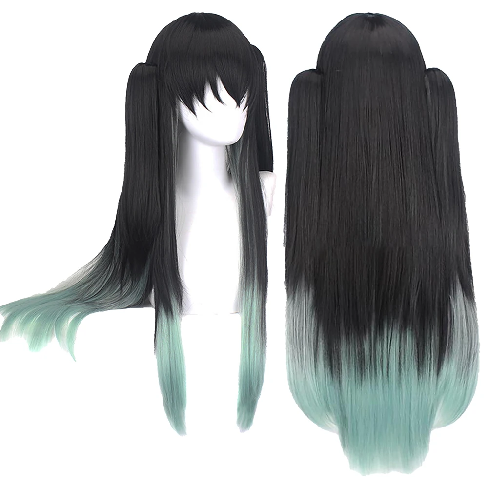 Pelucas de Cosplay de Anime Tokitou Muichirou, accesorios de personajes, pelucas para la cabeza, pelo largo liso sintético negro y verde resistente al calor