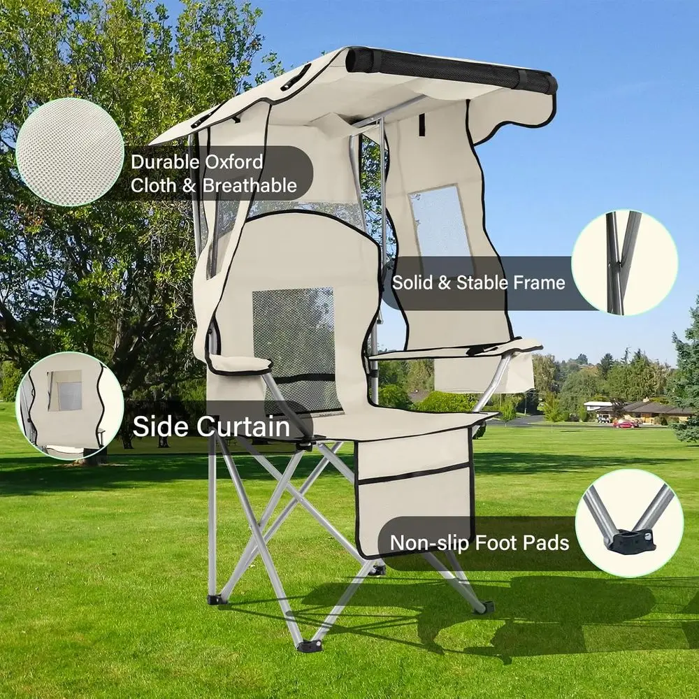 Camping Chairs with Canopy, Portable Quad Lawn Chair for Adults, Folding Recliner Chair with Cup Holder Outdoor Events and Shade