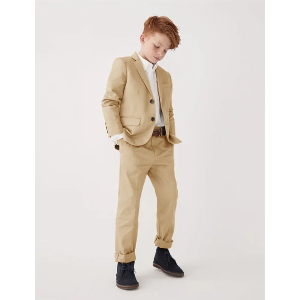 Child Suit Elegant Tuxedo 2 Pieces Casual Notch Collar Two Button Blazer Khaki Boys Suits Full Set Jacket Pants 2-16 Years Old