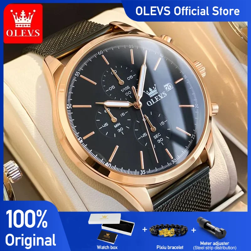 OLEVS Chronograph Men's Watches Fashion 42mm Dial Original Quartz Wristwatch Waterproof Stainless Steel Mesh Strap Watch for Men