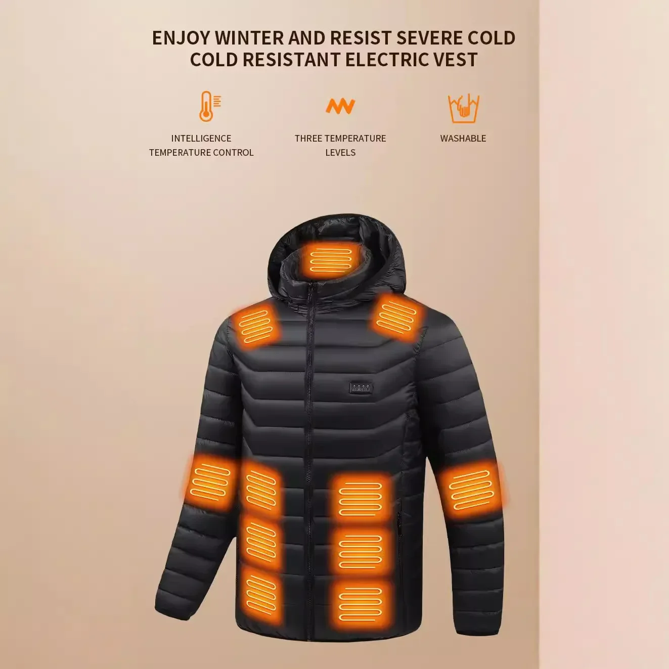 

Winter Mens 25 Zone Heating Cotton Jacket Detachable Cap Electric Heating Intelligent Insulation Warm Coat