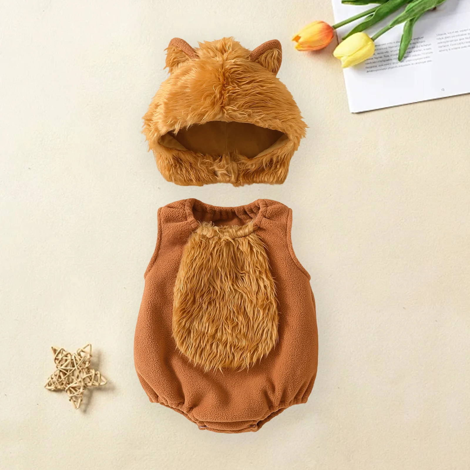 Baby Halloween Wolf Costume Plush Patchwork Sleeveless Round Neck Romper with Hat 2 Pcs Set