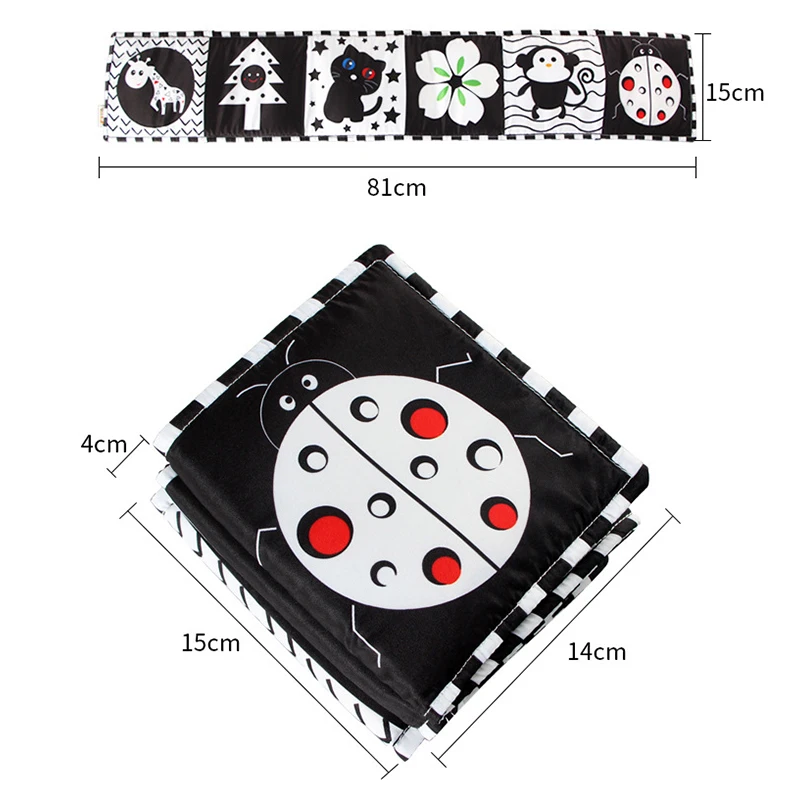 Cartoon Baby Cloth Book Foldable Infant Bed Winding Toy Black and White High Contrast Sensory Toys for Newborn Early Education