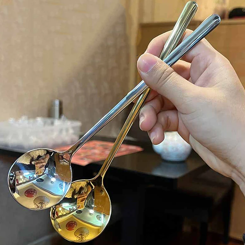 Stainless Steel Big Head Round Spoon Net Red Golden Dinner Long Handle Stirring Dessert Spoons For Kitchen Accessories Gadgets