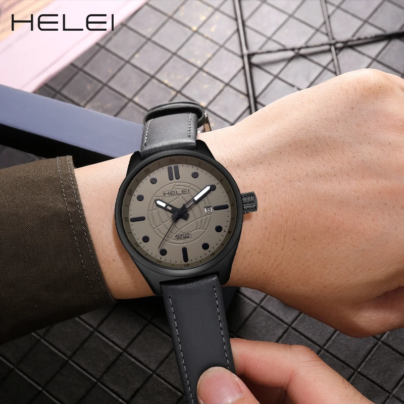 HELEI-Montre à quartz lumineuse avec bracelet en cuir véritable pour homme, montre-bracelet de sport décontractée, date, nouvelle mode