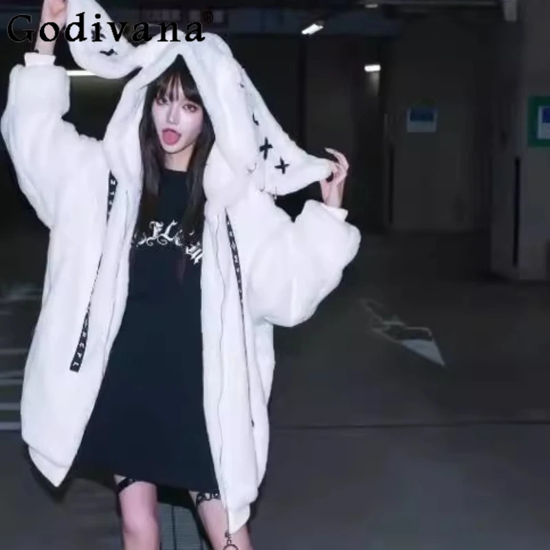 

Harajuku Sweet Cool Furry Coat for Women Autumn Winter Thickened Soft Cute Jackets Female Punk Bunny Ears Plush Jacket