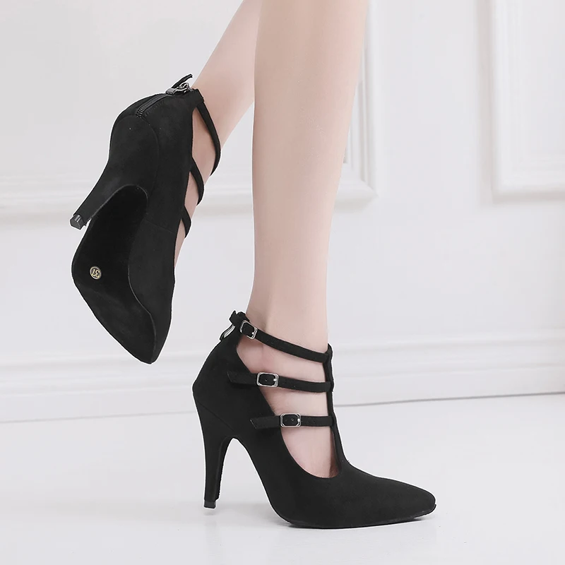 Woman Black Dance Shoes Girls High Heels Suede Rubber Summer Sandals Salsa Jazz Latin Leathered shoes6-11cm