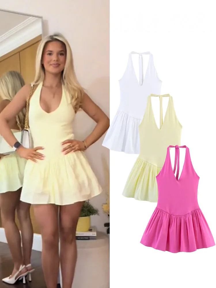 HH Dames nieuwe zomer zoete strik halter halskraag 3-kleuren gesplitst ​ ​ Jurk Vrouwelijke elegante geplooide slanke mouwloze mini-jurk