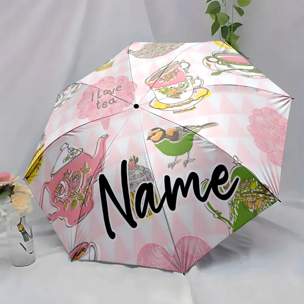Custom Name Tea Party on an Umbrella 8 Iron Ribs Folding Umbrella Auto-Open Fashionable Sunshade Deluxe Gift