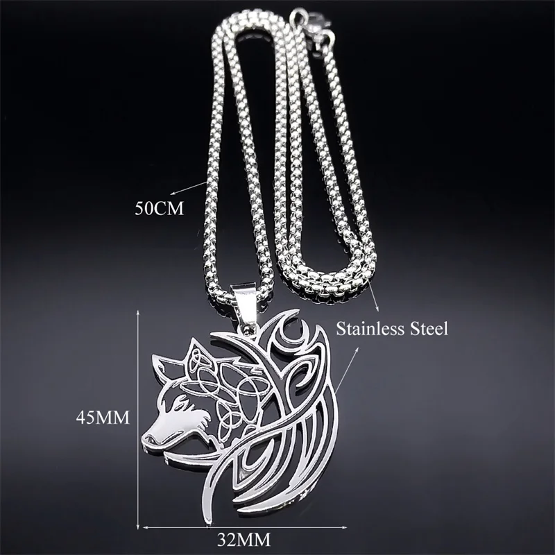 Viking Nordic Mythology Wolf Knot Necklace Stainless Steel Valknut Odin \'s Symbol of Norse Men Women Necklace Jewelry N7802S01