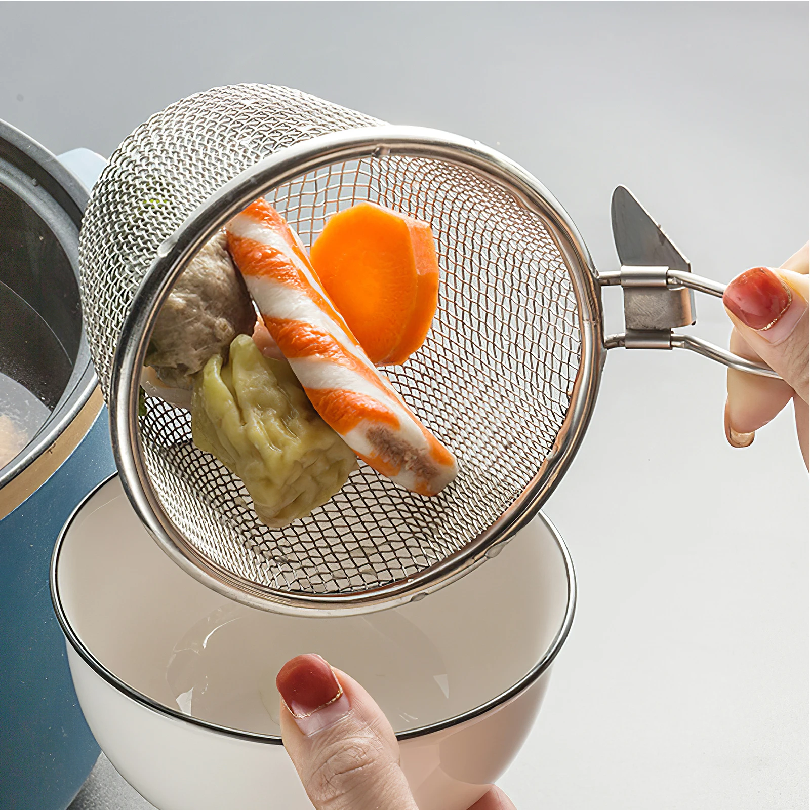 Colador de araña de acero inoxidable 304, cesta de huevos con filtro para freír hervir, cucharón de olla caliente plateada, sartén de malla para freír grasa, colador de Pasta