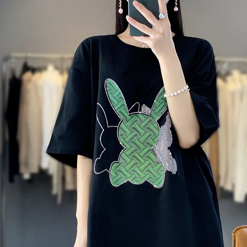Summer Loose Hot Drilling Rabbit Short Sleeve T-shirt Women's Long Loose Large Cotton White Casual Round Neck Shirt