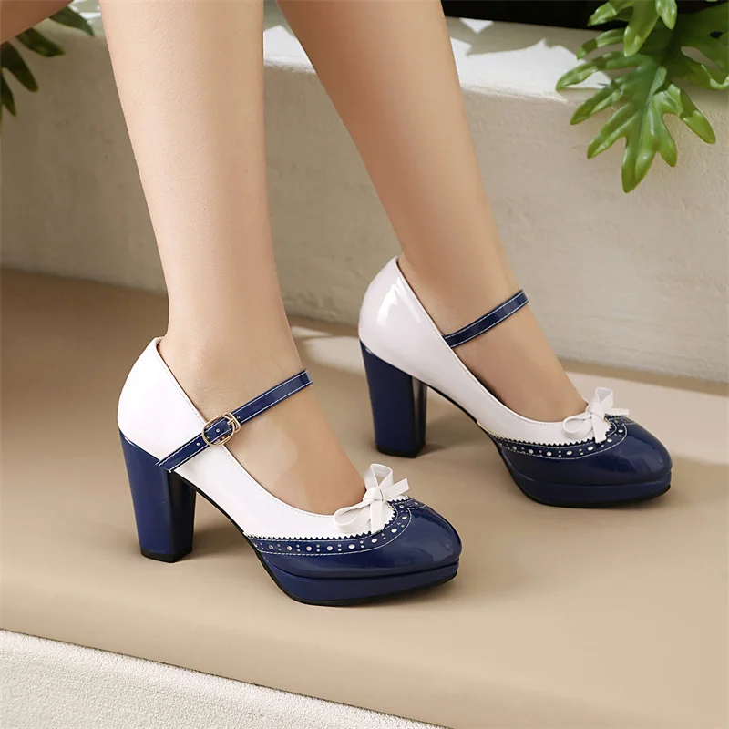 

YQBTDL Patent Leather Bow Sweet Sandals on Heels Ladies Platform Pumps Spring Shallow Mouth Round Toe Shoes Women Candy Colors