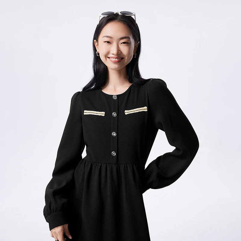 Toyouth Women Dress 2023 Autumn Long Sleeve Round Neck A-shape Exquisite Decorative Buckle Fashion Elegant Advanced Black Skirt