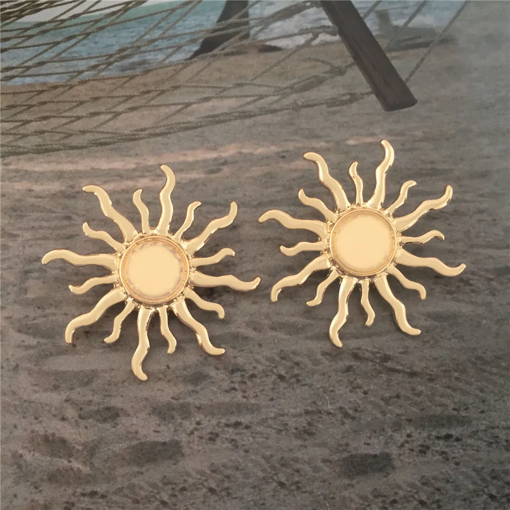 Statement Metal Sun Stud Earrings Stainless Steel Golden Texture Fashion Chic Jewelry