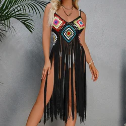 CROCHET BIKINI Boho Cover Up Sexy Hollow Fringe Hem Beach Dress 2023 Summer Women Bathing Suits Beachwear Tunics Skirt