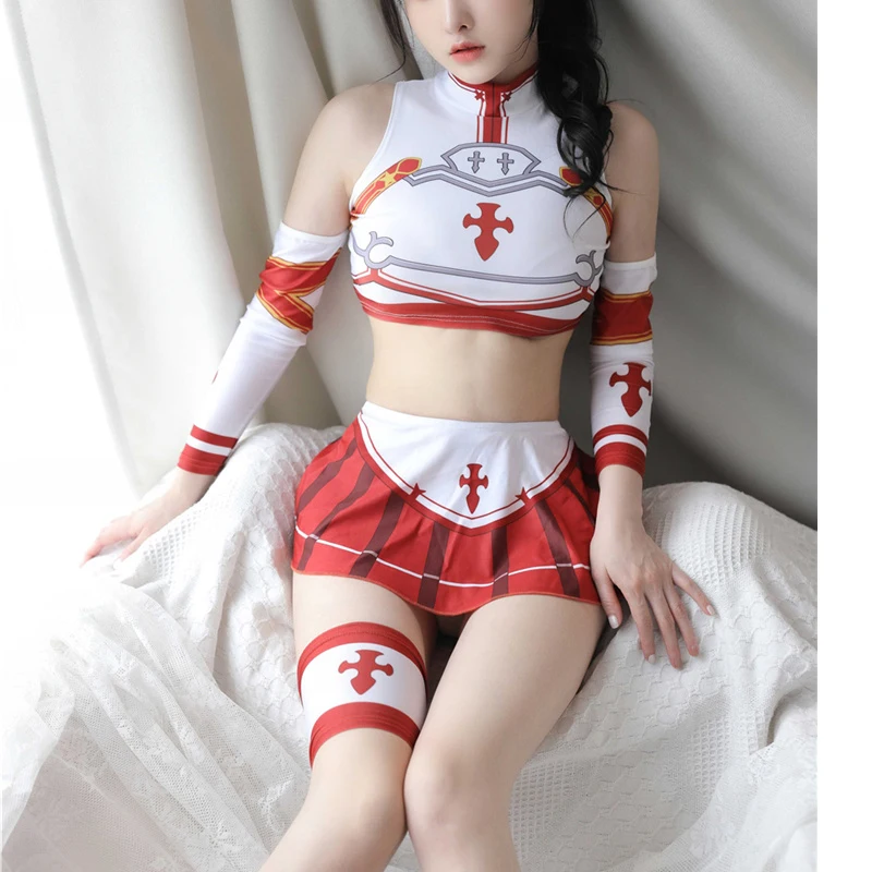 SÃO Espada Arte Cosplay Online Traje para Mulheres, Sexy Gola Alta, Regatas, Pijamas Anime, Fora Do Ombro, Mini Saias, Yuuki Asuna