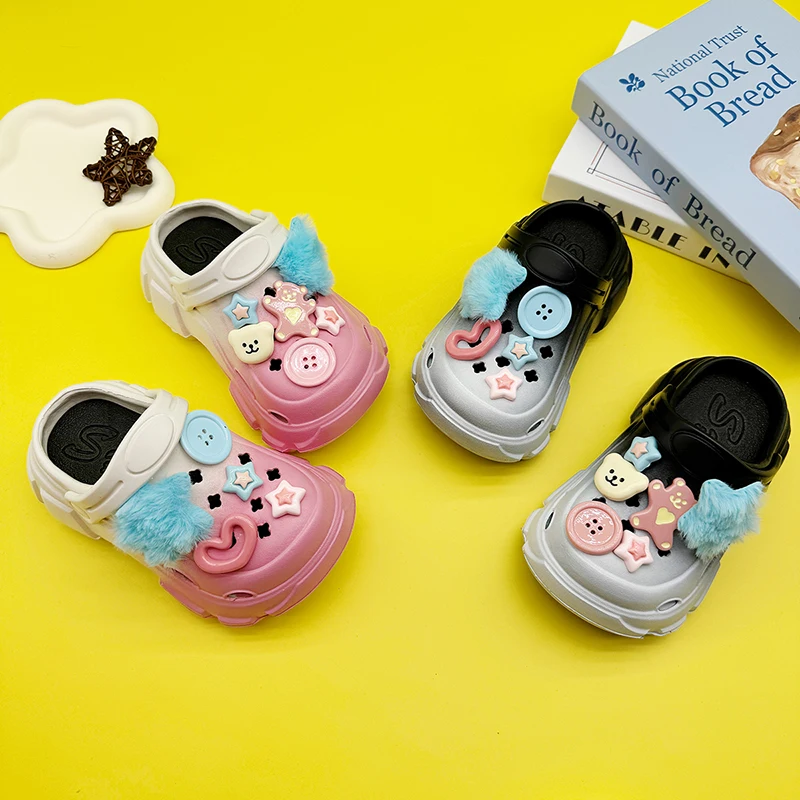 Cute and Versatile Parent-Child Slippers for Boys and Girls, New Cartoon Plush Blue Star Clogs with Soft Non-Slip Soles and Closed-Toe Design, Model 606