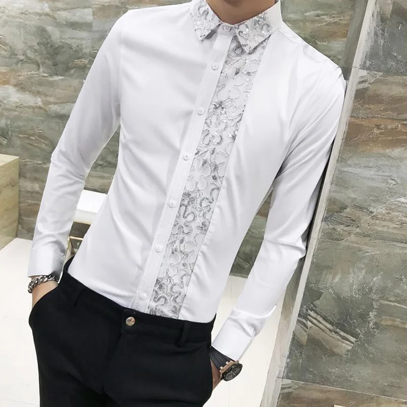 Nueva ropa coreana para hombre, blusa de manga larga bordada de Color sólido con cuello vuelto de primavera, camisa de moda para hombre