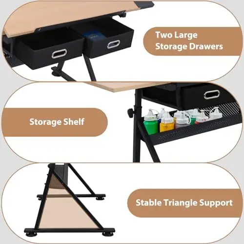 Drafting Table Art Desk with 2 Storage Drawers, Height Adjustable Drawing Table for Painters, Working, Writing, Home view 5