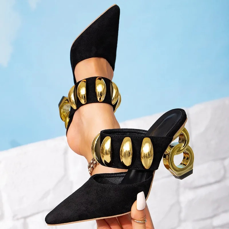 

Fashion Black Summe Women Sandals High Heels Pointed-toe with Gold Metal Decoration Woman Sandals Slippers Gold Heels Slip-on