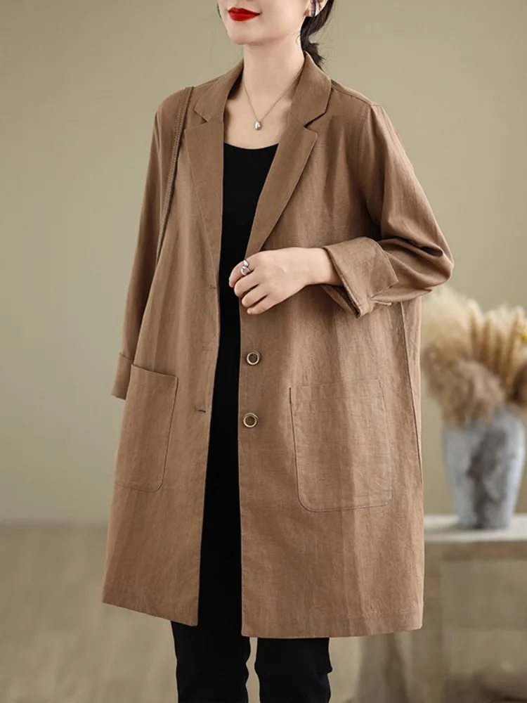 Ladies Mid-Length Linen Suit Jacket Loose Long Sleeve Cotton-Linen Material Windbreaker Large Size Top Pure Color Commute Style