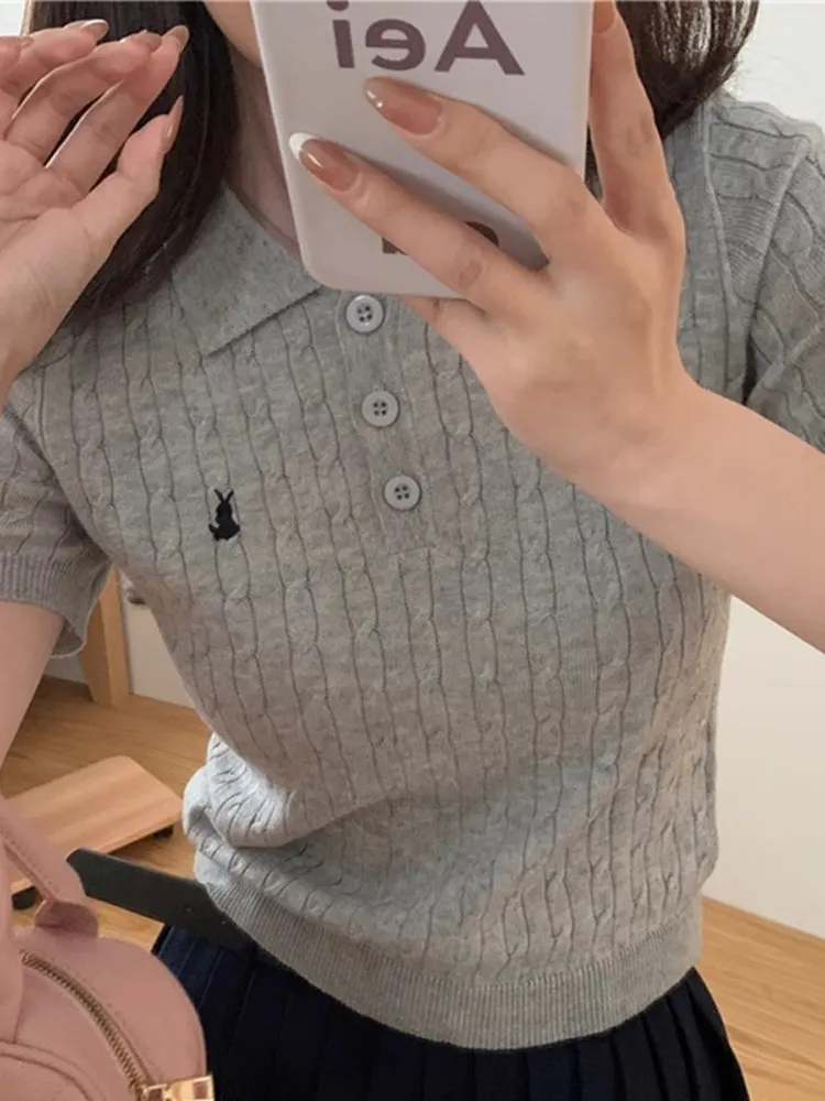 Unique  Collar T-irt Women's Beautiful Knitted ort Sve Summer Embroidery Design Top Slim Fit Korean Sle Commute ...