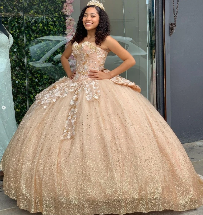 Shiny Golden Quinceanera Dress Princess White Flower Vestidos De 15 Anos Sixteen Birthday Sequin Sweet 16 Fifteen Xv Customized