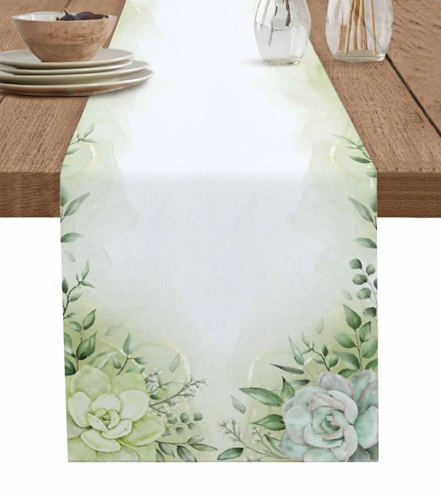 Rural Plants Flowers Green Table Runner Home Wedding Table Mat Centerpieces Decoration Dining Long Tablecloth