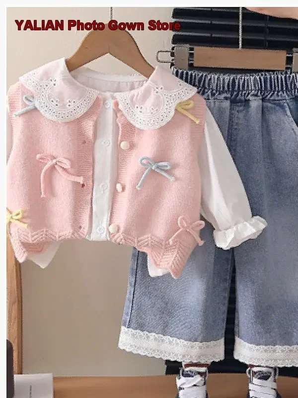 Girls Three-Piece Set Spring Autumn Stylish Vest Blouse Pants Chic Clothing Toddler Kids