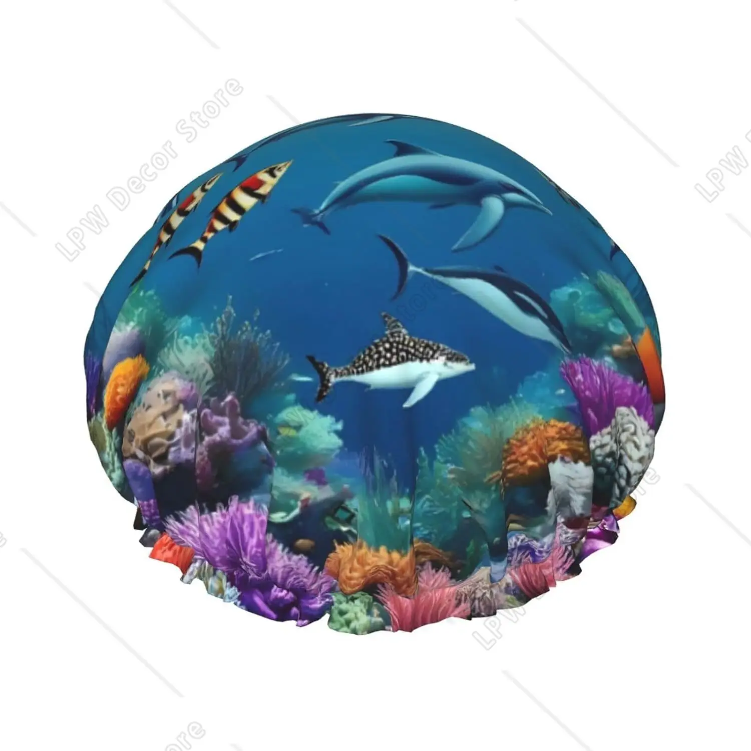 Sea World Print Shower Caps for Women Waterproof Double Layers Bath Caps with Elastic Reusable Showe