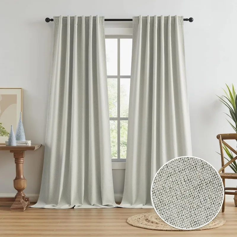 Greyish Beige Linen Full Blackout Curtains 108 Inch Long 9 FT, Back Tab Track System Thermal Insulated Energy Saving Curtains