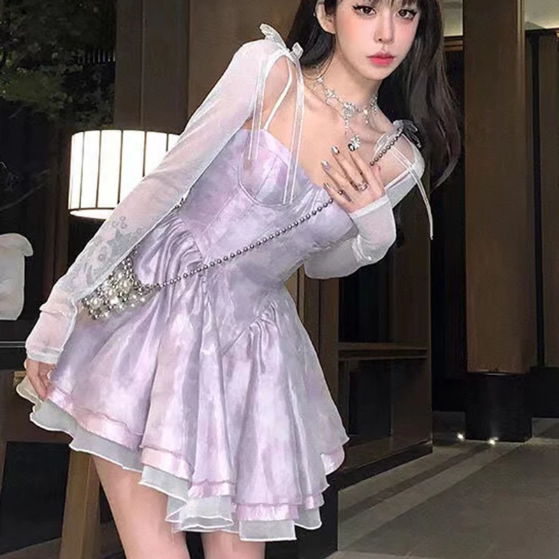 mesh ball gown women princess slim tiered party night camis vestidos fashion elegant sexy backless puffy lady skinny dress