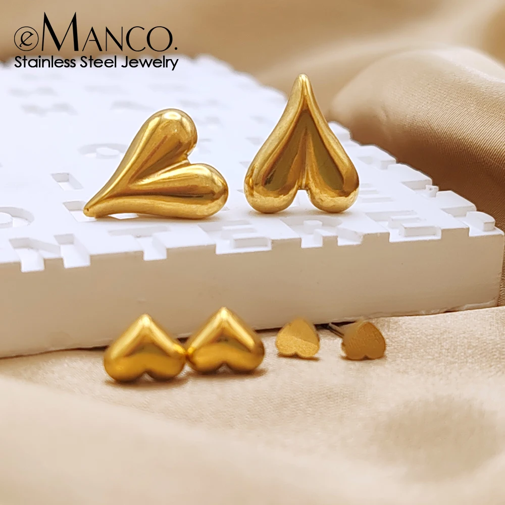 eManco Golden Heart Earrings Set Stainless Steel Stud Piercing Earrings Hip Hop Minimalist Style for Women's Jewelry