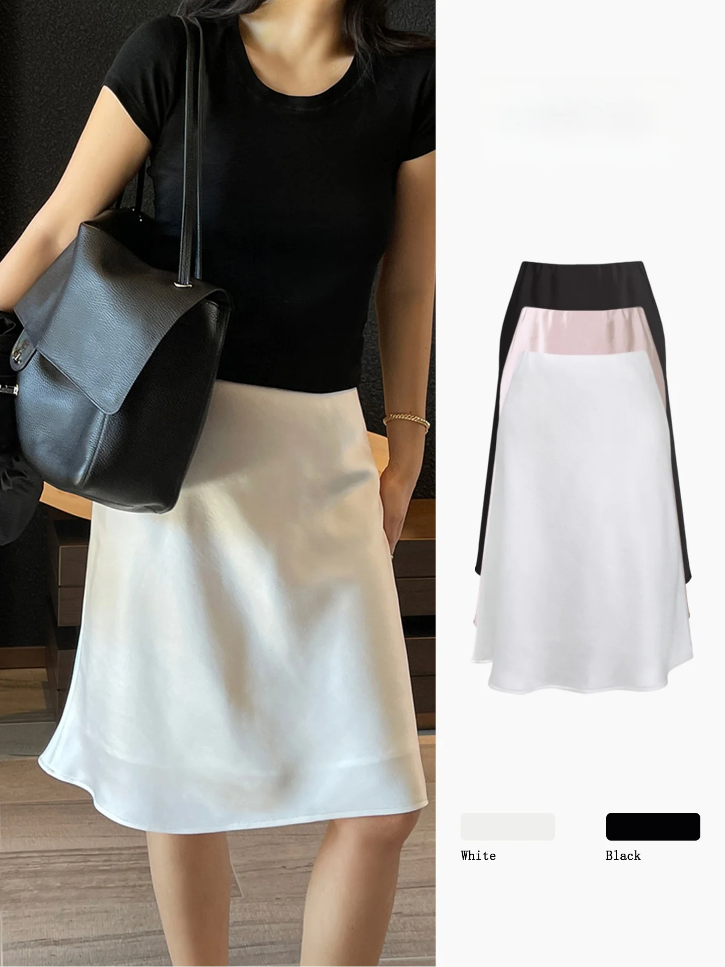 

High Waist Knee Length Satin Half Skirt Women's Summer New Style A-Line Slimming Design Sensation Luxury Feel Polyester Fiber
